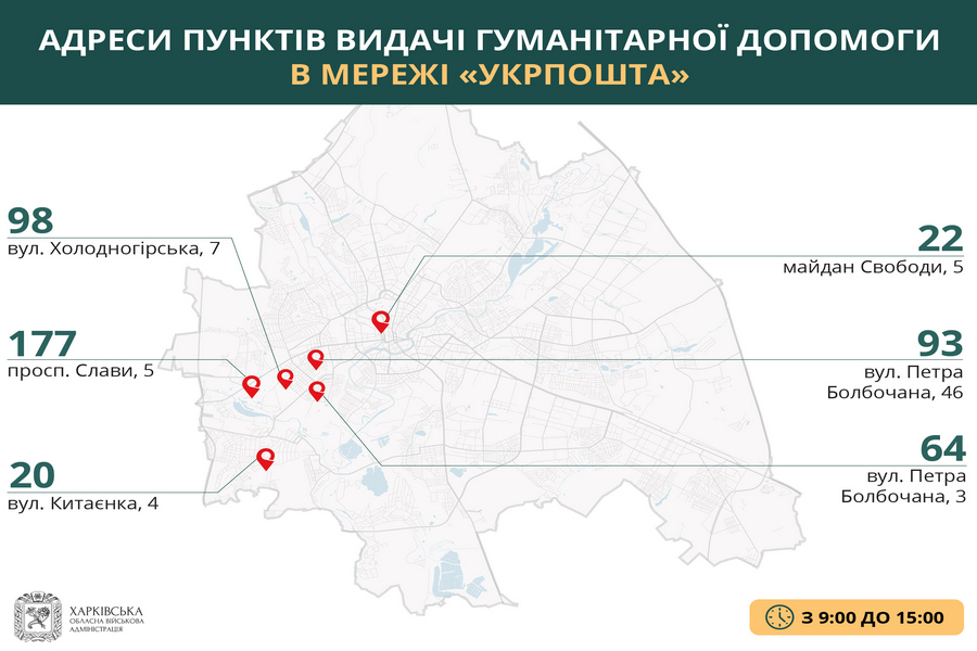 Оновлено адреси пунктів видачі гуманітарної допомоги в Харкові